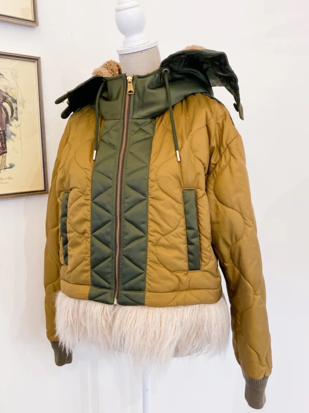Diesel Olive & Mustard Quilted Hooded Puffer with Faux Fur Hem